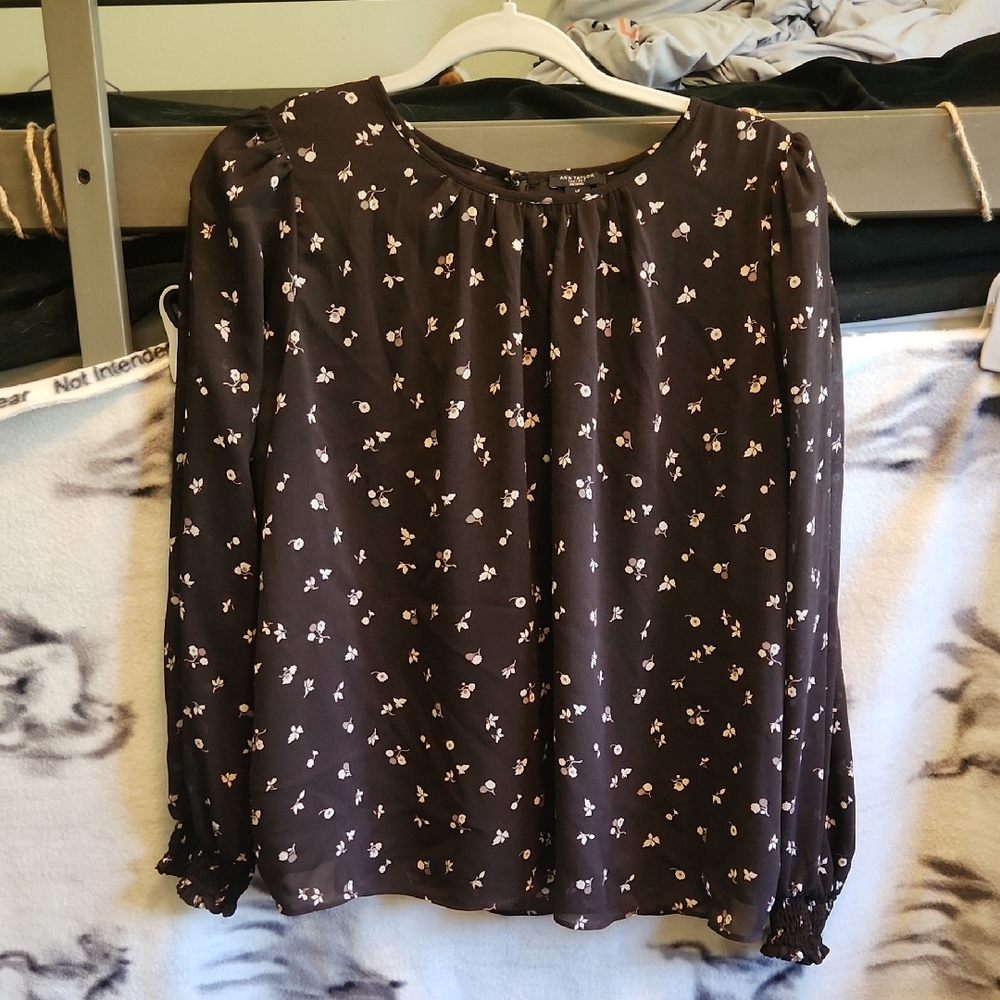 Ann Taylor Factory Brown Smocked Long Sleeve Blouse